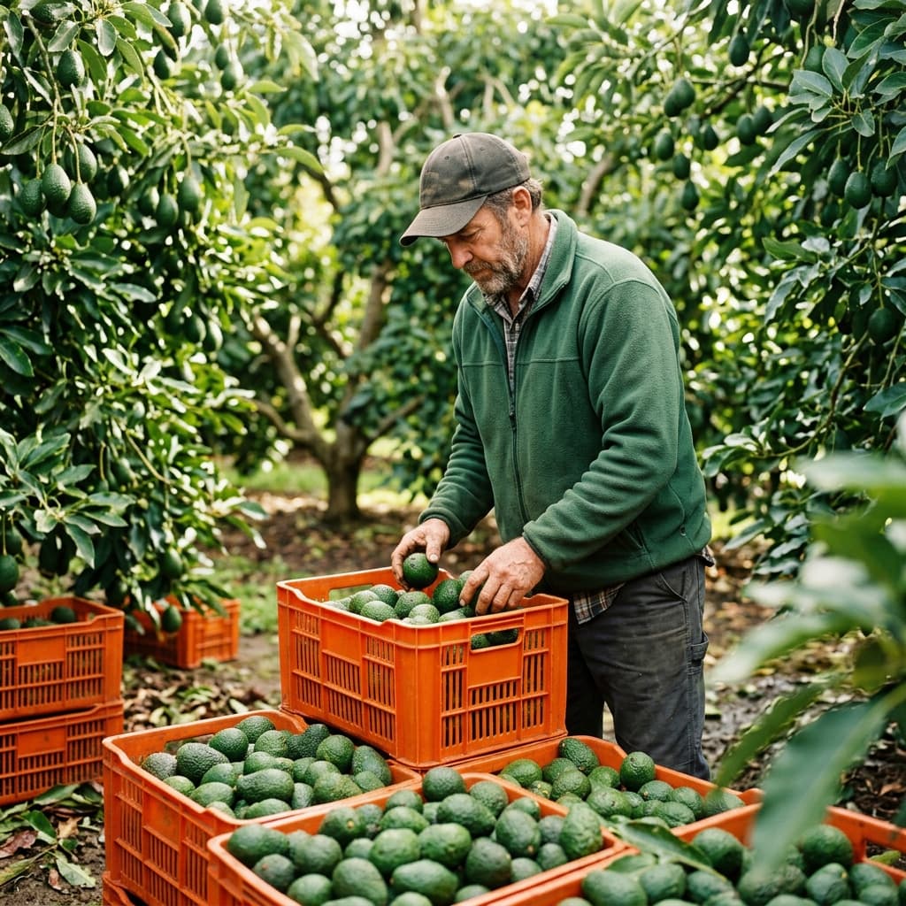 Farmer harvesting avocados